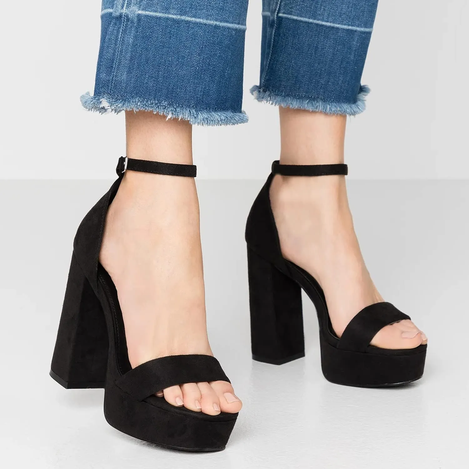 MOOMMO Women Chunky High Heel Sandals Single Band Platform Ankle Strap Summer Shoes Peep Toe 5 Inch Block Heel Slingback Dress Sandals Round Toe Buckle Strap Classic Comfort Work Daily Party 4-13 M US