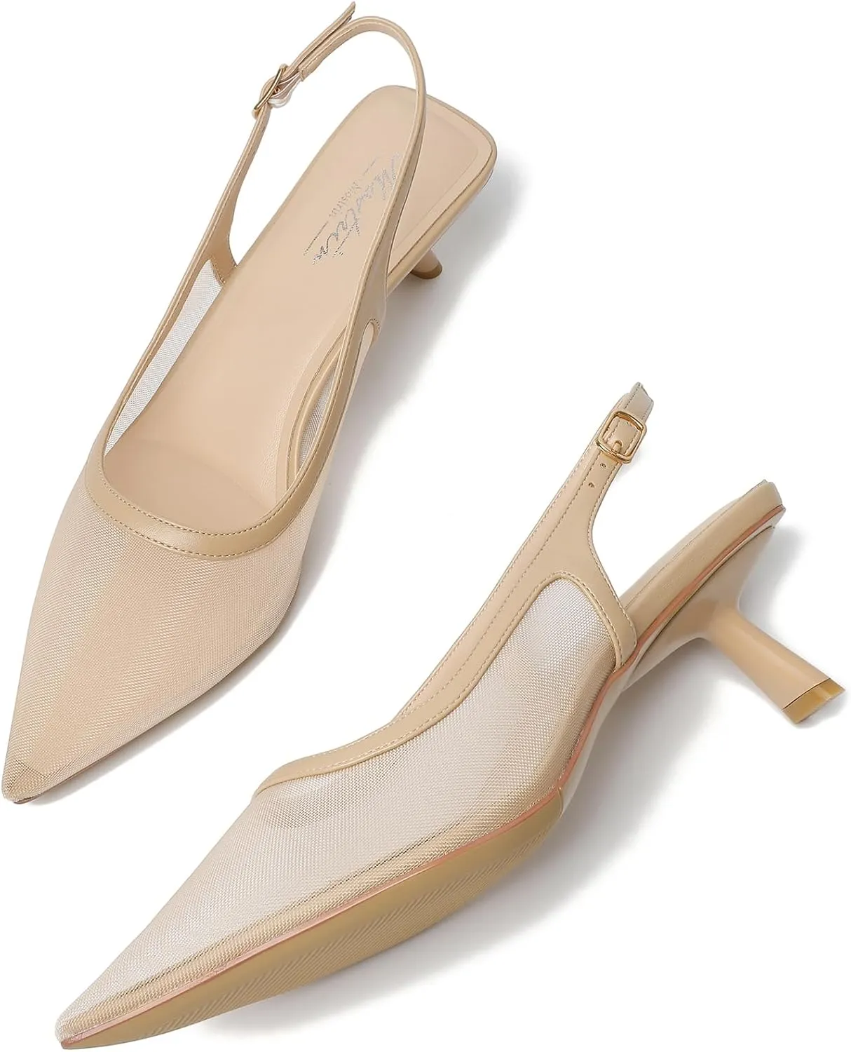 Mostrin Kitten Heels for Women Pointed Toe Pumps Patent Leather Low Heel Slingback Heels with Buckle Dress Shoes for Dating Party Working