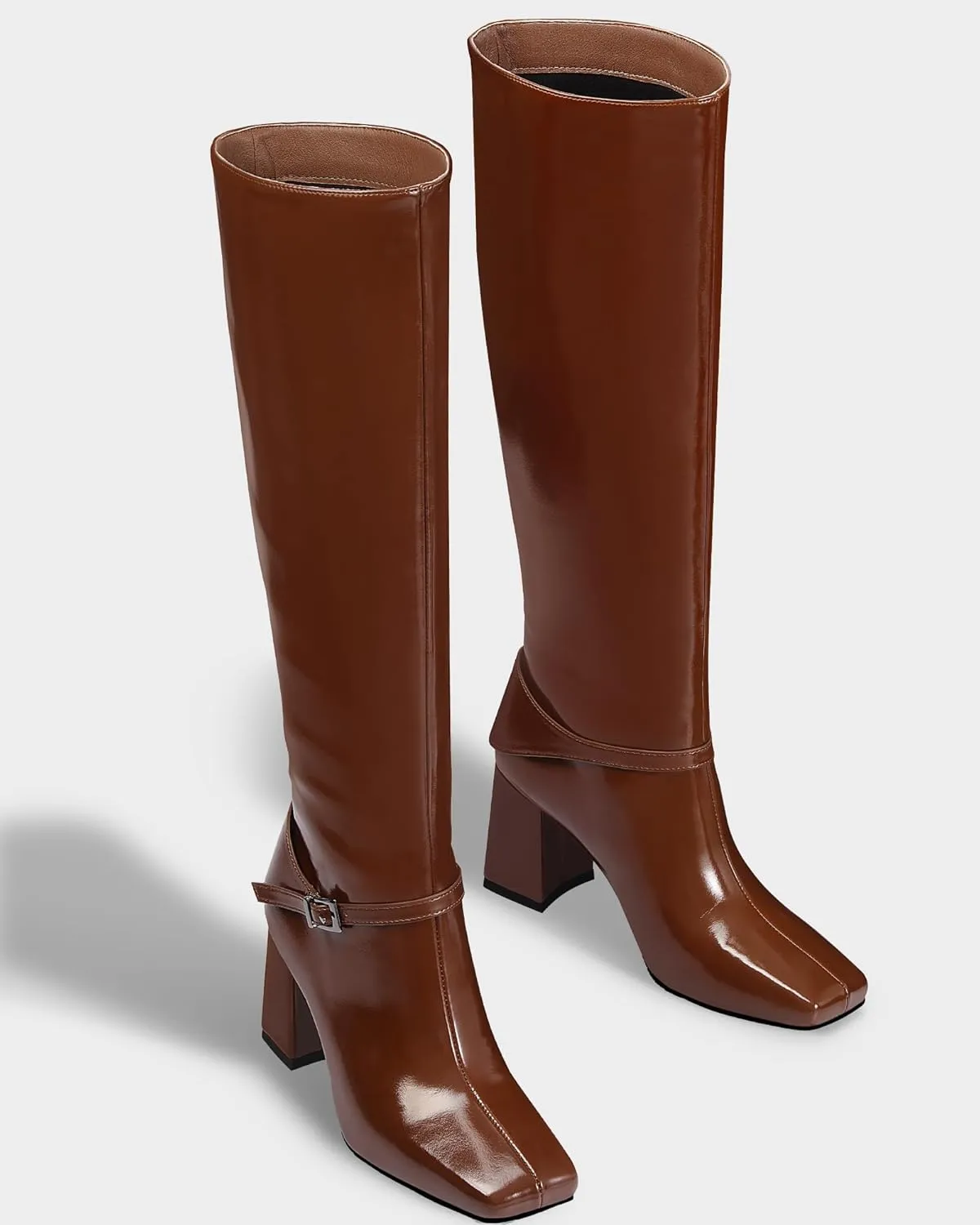 MUCCCUTE Knee High Boots for Women - Black/Brown Square Toe Chunky Heel Tall Boots Faux Leather Long Boots with Detachable Ankle Straps