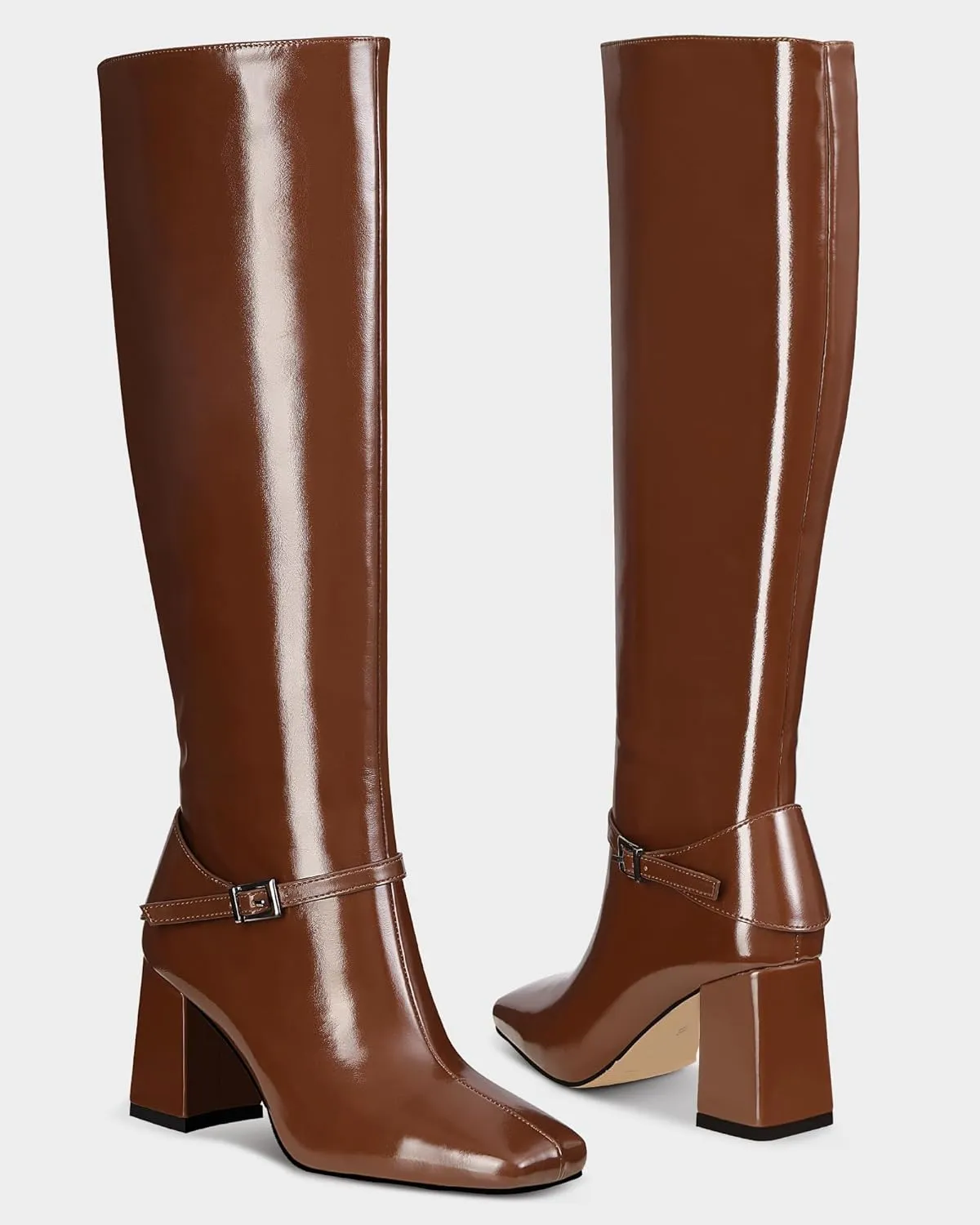MUCCCUTE Knee High Boots for Women - Black/Brown Square Toe Chunky Heel Tall Boots Faux Leather Long Boots with Detachable Ankle Straps