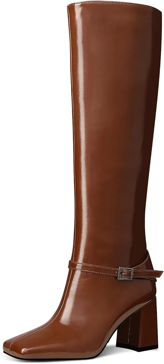 MUCCCUTE Knee High Boots for Women - Black/Brown Square Toe Chunky Heel Tall Boots Faux Leather Long Boots with Detachable Ankle Straps
