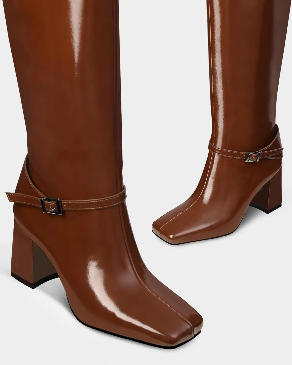 MUCCCUTE Knee High Boots for Women - Black/Brown Square Toe Chunky Heel Tall Boots Faux Leather Long Boots with Detachable Ankle Straps