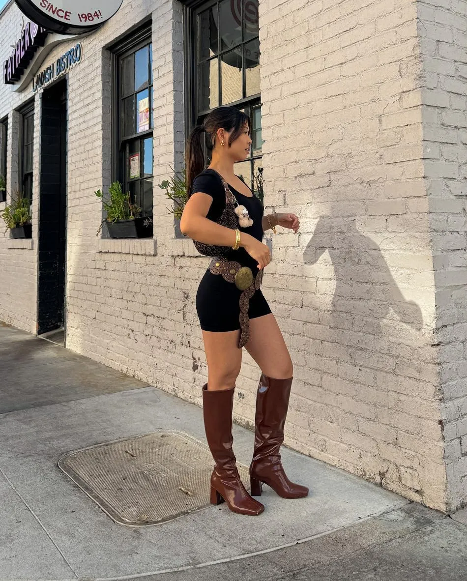 MUCCCUTE Knee High Boots for Women - Black/Brown Square Toe Chunky Heel Tall Boots Faux Leather Long Boots with Detachable Ankle Straps