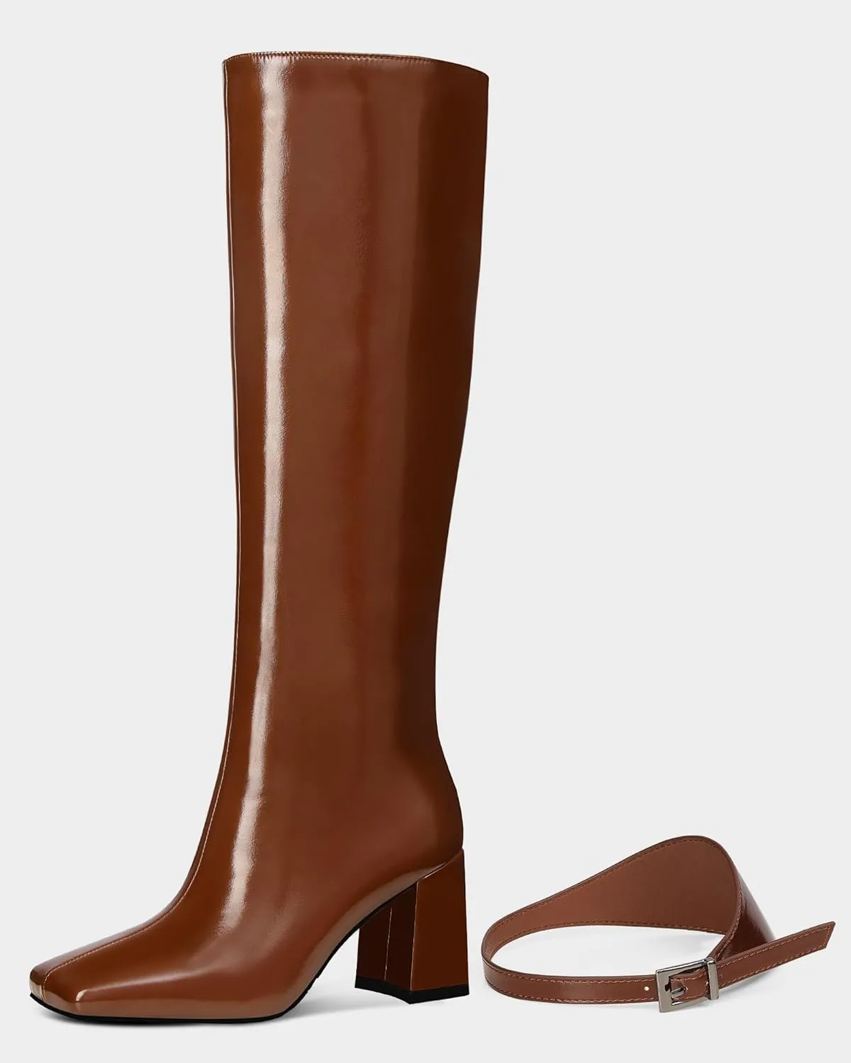 MUCCCUTE Knee High Boots for Women - Black/Brown Square Toe Chunky Heel Tall Boots Faux Leather Long Boots with Detachable Ankle Straps