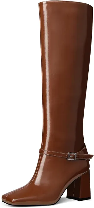 MUCCCUTE Knee High Boots for Women - Black/Brown Square Toe Chunky Heel Tall Boots Faux Leather Long Boots with Detachable Ankle Straps