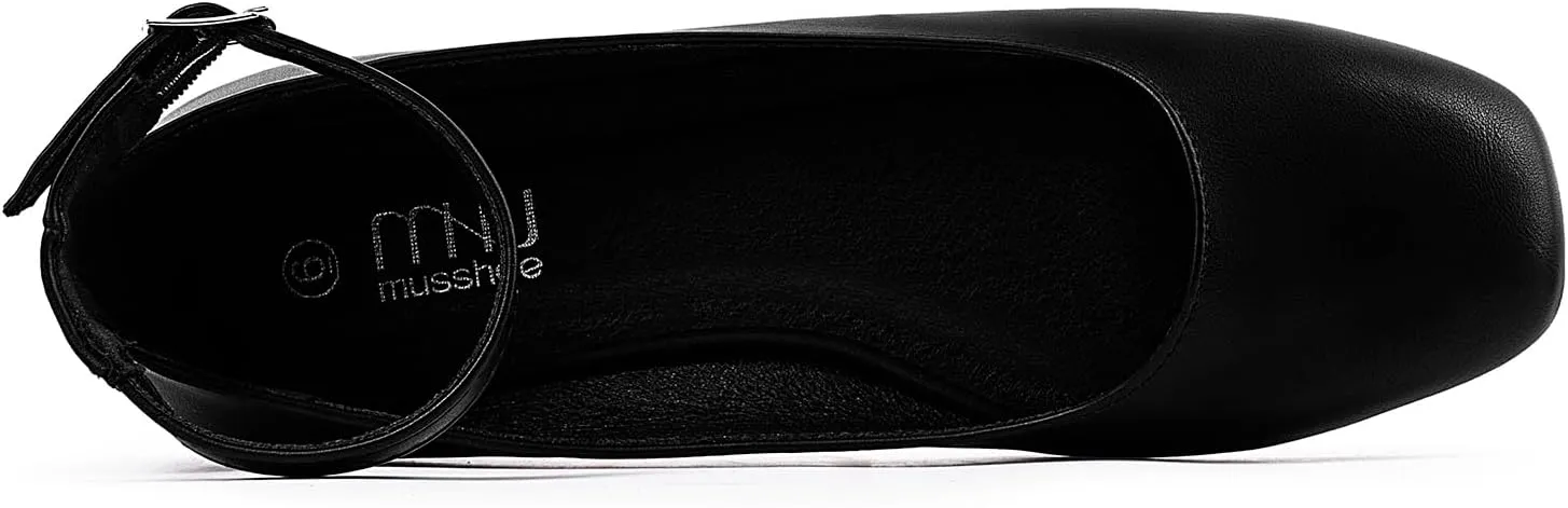 MUSSHOE Women's Ballet Flats Mary Jane Shoes, Square Toe Ballet Flats Shoes, Women's Ankle Strap Flats Shoes, Flats for Women Dressy with Adjustable Buckle