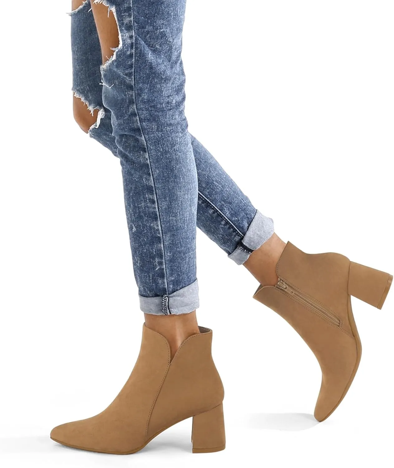 mysoft Women's Ankle Boots Chunky Block Low Heel Comfortable Pointed Toe Side V Cutout Dressy Office Booties with Zipper