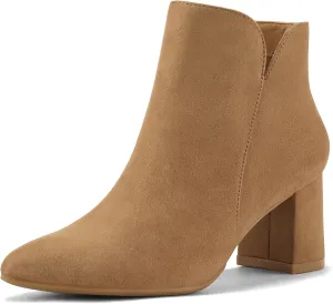 mysoft Women's Ankle Boots Chunky Block Low Heel Comfortable Pointed Toe Side V Cutout Dressy Office Booties with Zipper