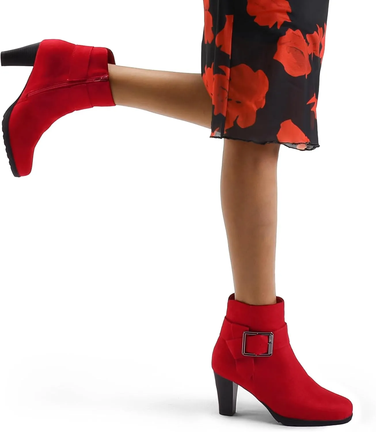 mysoft Women's Wide Width Ankle Boots Chunky Heel Ankle Strap Buckle Booties with Zipper