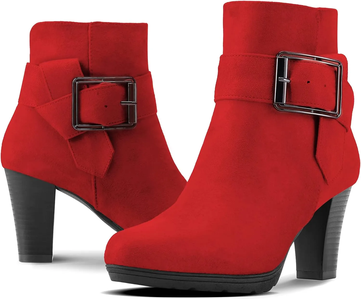 mysoft Women's Wide Width Ankle Boots Chunky Heel Ankle Strap Buckle Booties with Zipper