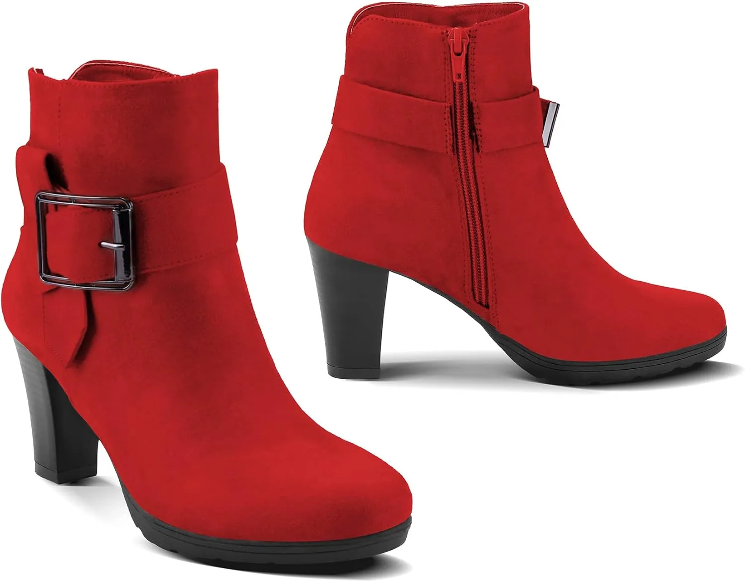mysoft Women's Wide Width Ankle Boots Chunky Heel Ankle Strap Buckle Booties with Zipper