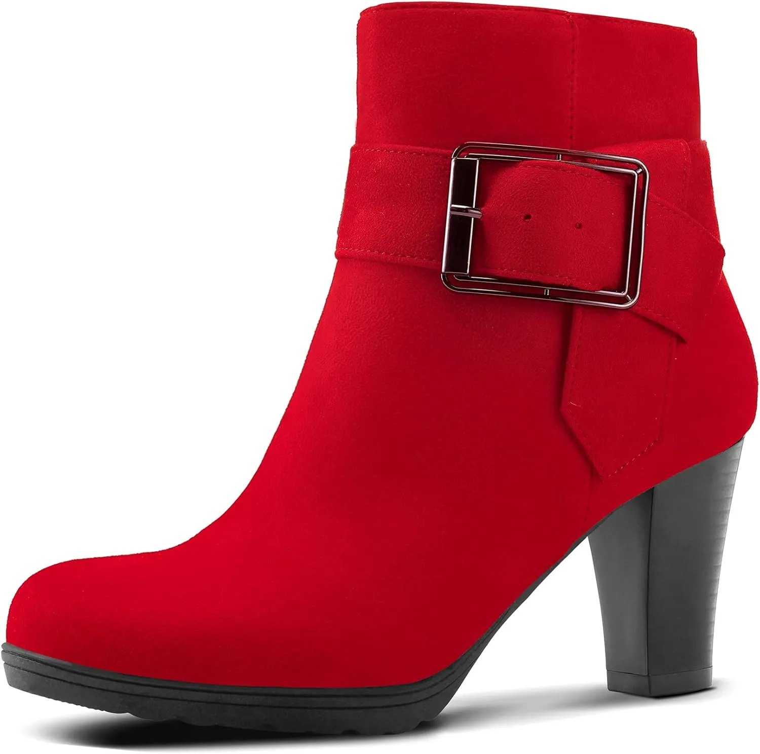 mysoft Women's Wide Width Ankle Boots Chunky Heel Ankle Strap Buckle Booties with Zipper