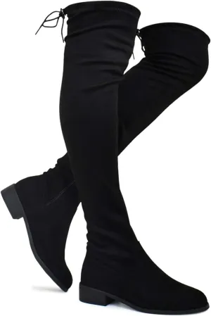 Nature Breeze Olympia 20 Womens Stretchy Thigh High Side Zipper Low Heel Combat Boots