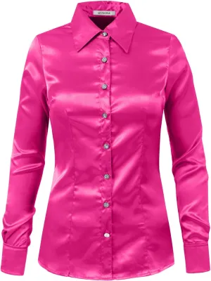 NE PEOPLE Womens Light Weight Long Cuff Sleeve Button Down Satin Shirt (S-3XL)