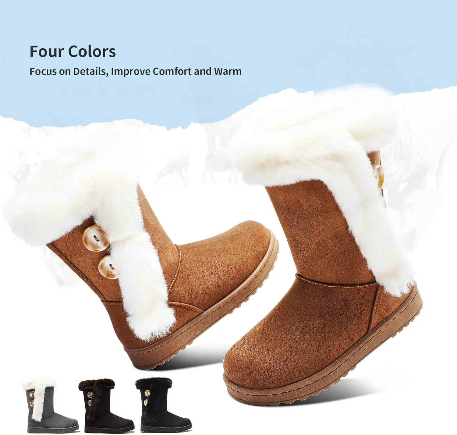 Obtaom Women’s winter snow boots Short Mid Calf fashion boot Art Resin button Faux Suede boots for women