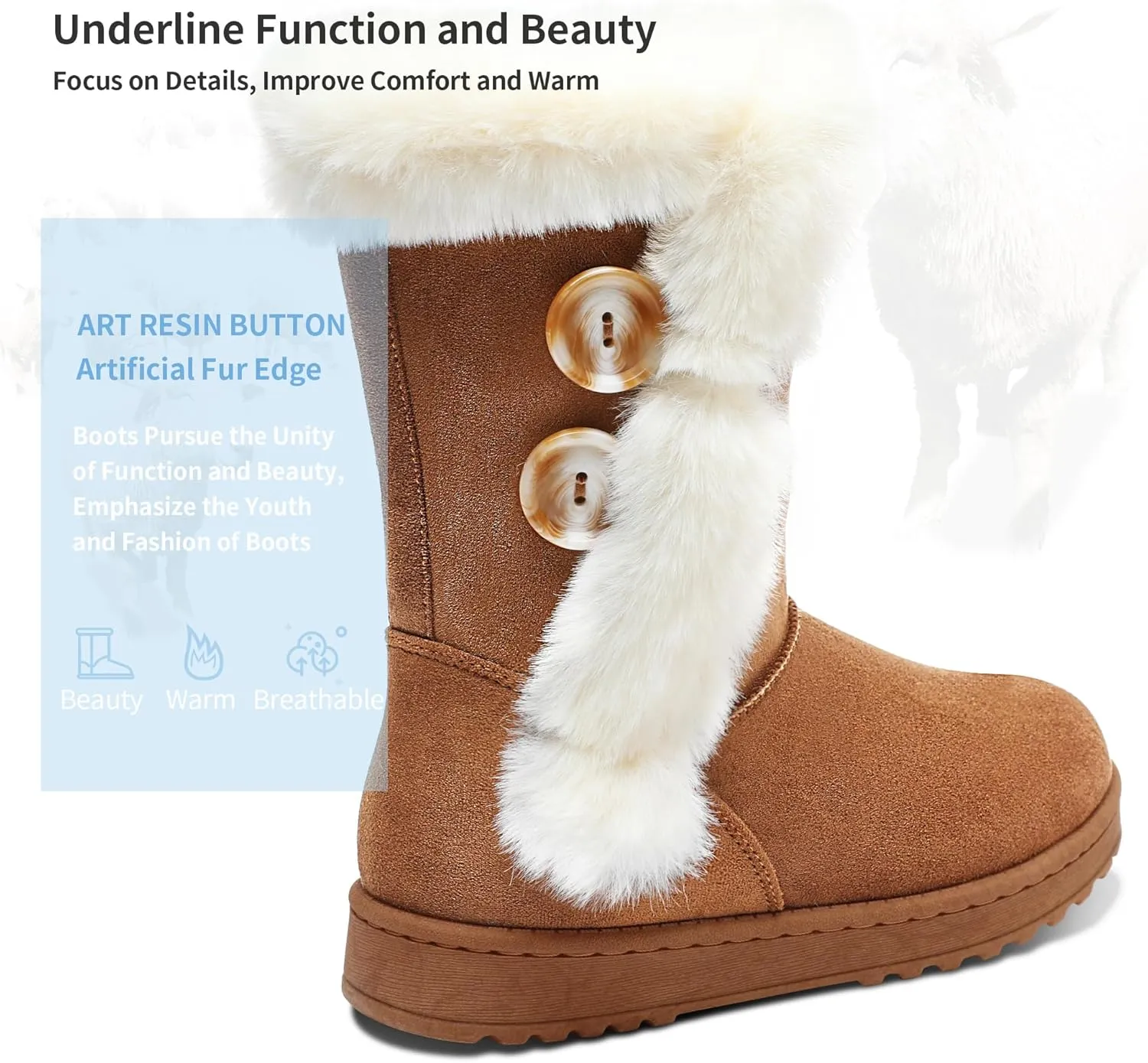 Obtaom Women’s winter snow boots Short Mid Calf fashion boot Art Resin button Faux Suede boots for women