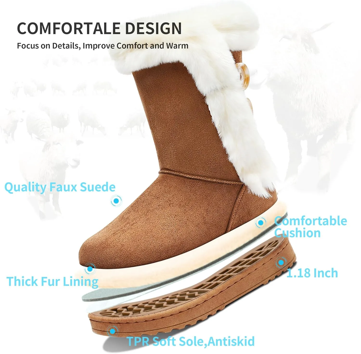 Obtaom Women’s winter snow boots Short Mid Calf fashion boot Art Resin button Faux Suede boots for women