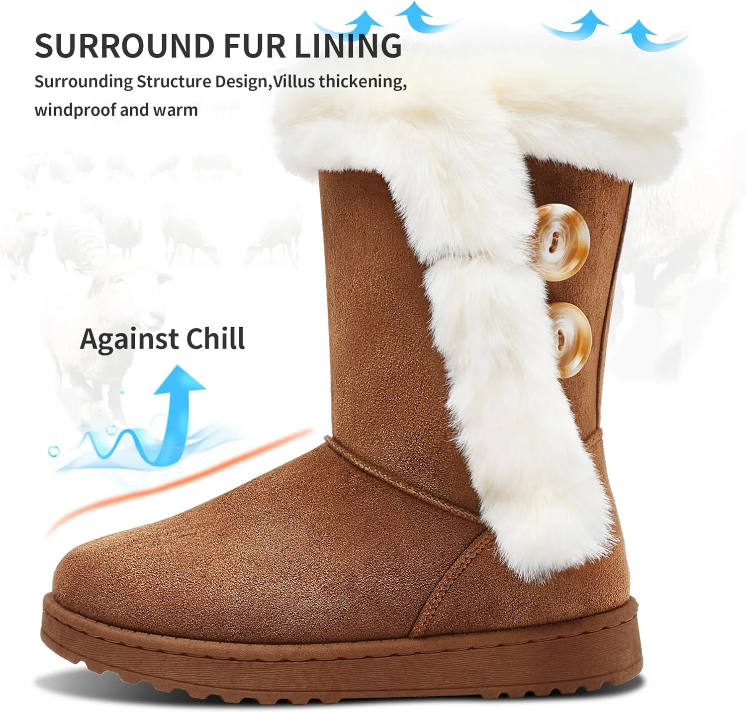Obtaom Women’s winter snow boots Short Mid Calf fashion boot Art Resin button Faux Suede boots for women