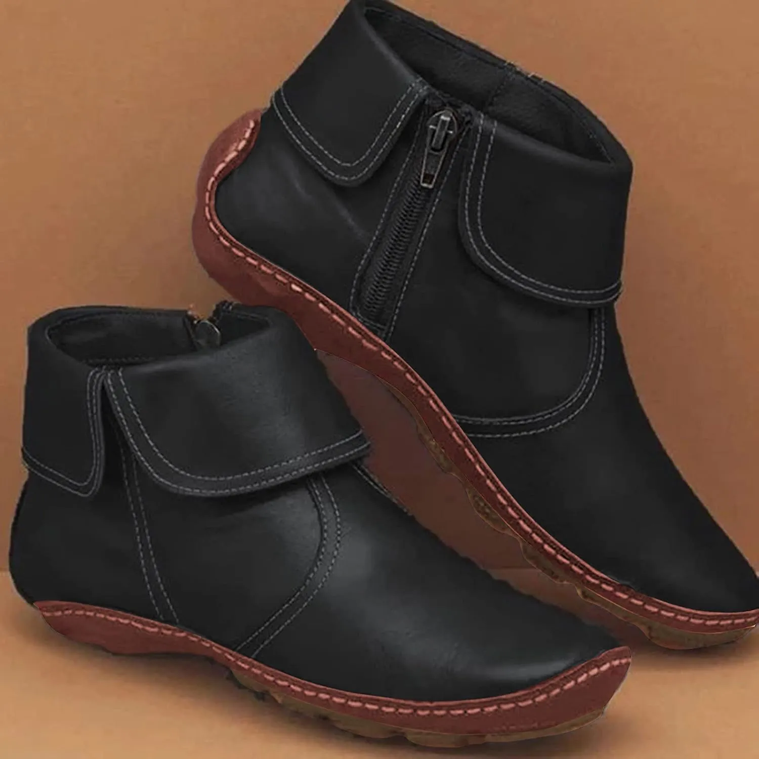 oiangi Flat Ankle Boots for Women Fahion Casual Solid Color Round Toe Quilted Zipper Non-Slip Leather Short Booties Comfy Lightweight Modern Boots Shoes