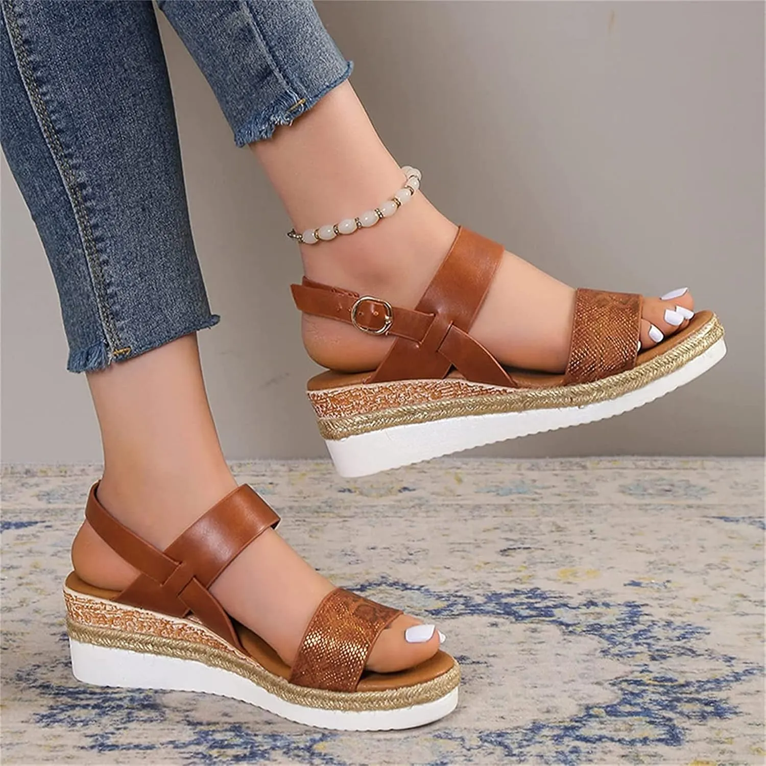 OMIREL Orthopedic Wedge Sandals for Women Summer Open Toe Ankle Strap Platform Sandals Snake Print Slingback Orthopedic Arch Support Fish Mouth Sandals Walking Shoes,Brown,EU43/US11