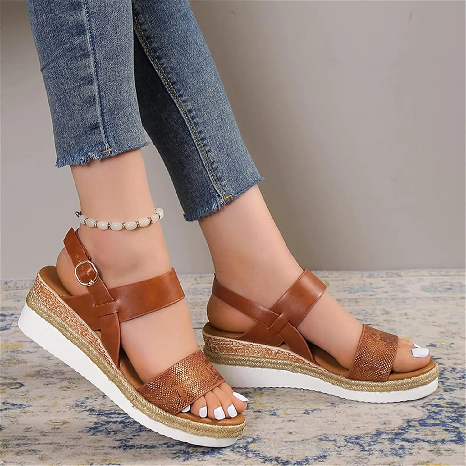OMIREL Orthopedic Wedge Sandals for Women Summer Open Toe Ankle Strap Platform Sandals Snake Print Slingback Orthopedic Arch Support Fish Mouth Sandals Walking Shoes,Brown,EU43/US11