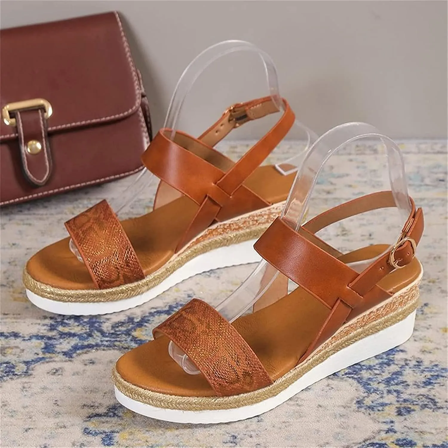 OMIREL Orthopedic Wedge Sandals for Women Summer Open Toe Ankle Strap Platform Sandals Snake Print Slingback Orthopedic Arch Support Fish Mouth Sandals Walking Shoes,Brown,EU43/US11