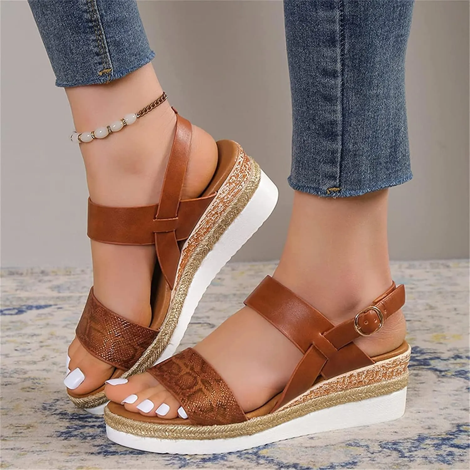 OMIREL Orthopedic Wedge Sandals for Women Summer Open Toe Ankle Strap Platform Sandals Snake Print Slingback Orthopedic Arch Support Fish Mouth Sandals Walking Shoes,Brown,EU43/US11