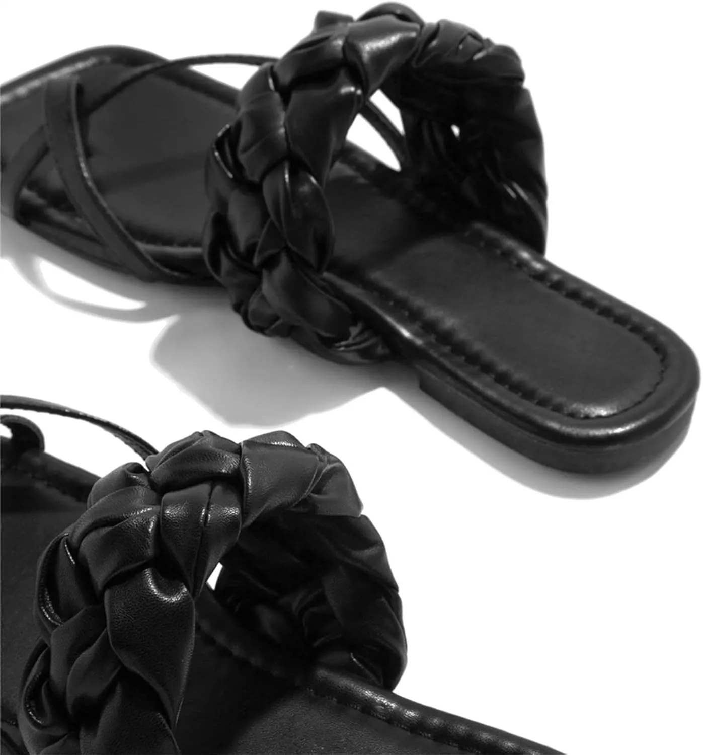 Open Square Toe Flats Women's Cross Strap Woven Leather Flat Sandals Summer Casual Thong Flip Flops Low-Heeled Platform Toe Ring Sandals Streetwear Fashion Beach Shoes