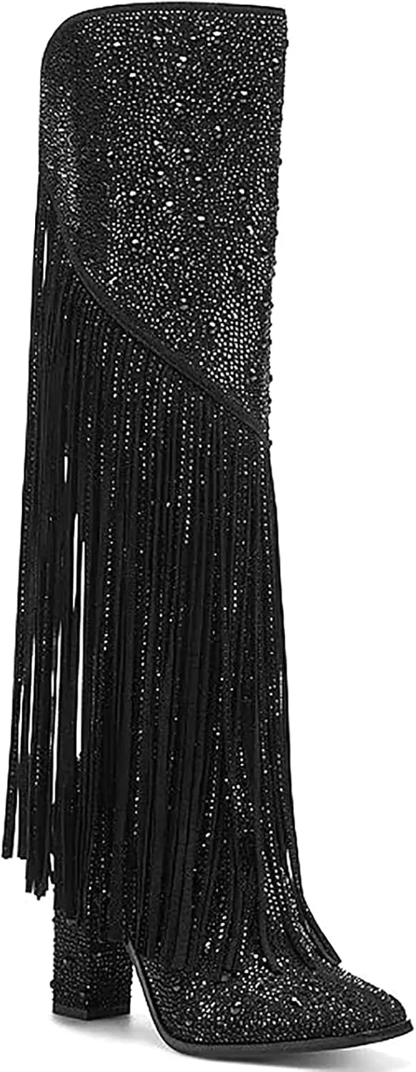Ouepiano Women's Fringe Rhinestone Cowboy Boots Western Cowgirl Pointed Toe Block High Heel Zipper Knee High Boots for Girl,Party,Dating