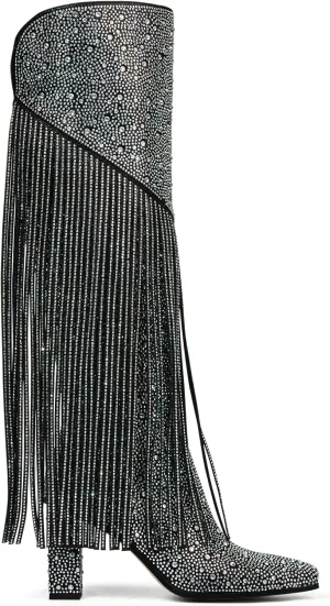 Ouepiano Women's Fringe Rhinestone Cowboy Boots Western Cowgirl Pointed Toe Block High Heel Zipper Knee High Boots for Girl,Party,Dating