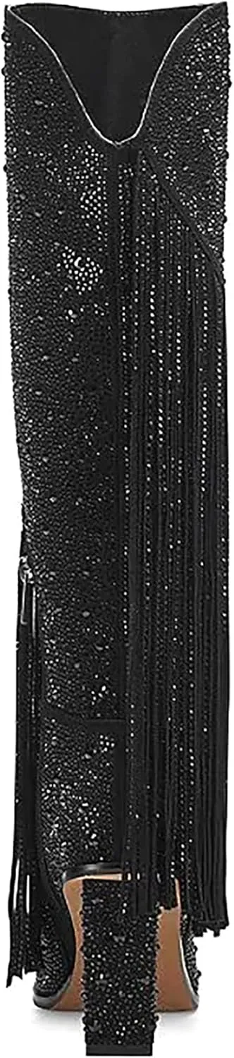 Ouepiano Women's Fringe Rhinestone Cowboy Boots Western Cowgirl Pointed Toe Block High Heel Zipper Knee High Boots for Girl,Party,Dating