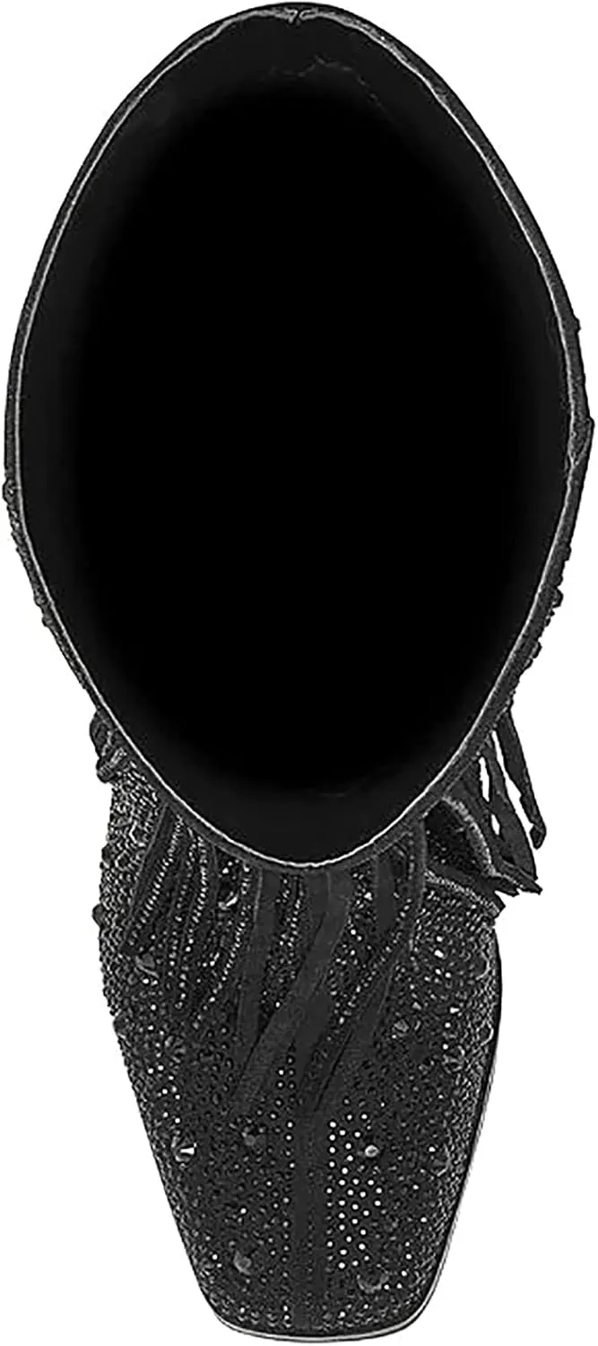 Ouepiano Women's Fringe Rhinestone Cowboy Boots Western Cowgirl Pointed Toe Block High Heel Zipper Knee High Boots for Girl,Party,Dating