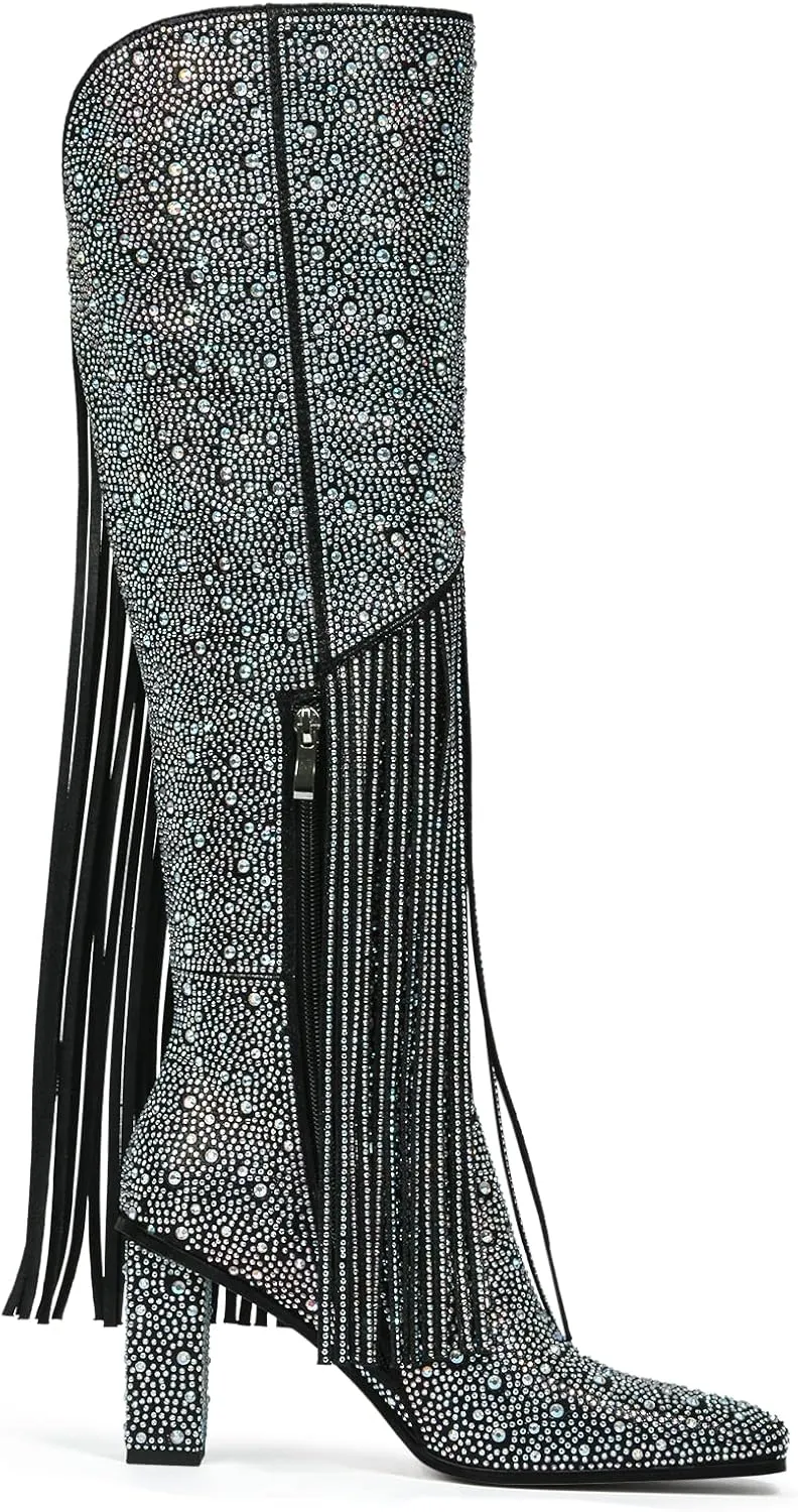 Ouepiano Women's Fringe Rhinestone Cowboy Boots Western Cowgirl Pointed Toe Block High Heel Zipper Knee High Boots for Girl,Party,Dating