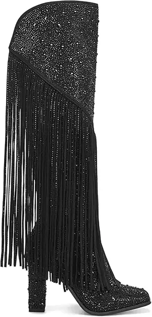 Ouepiano Women's Fringe Rhinestone Cowboy Boots Western Cowgirl Pointed Toe Block High Heel Zipper Knee High Boots for Girl,Party,Dating