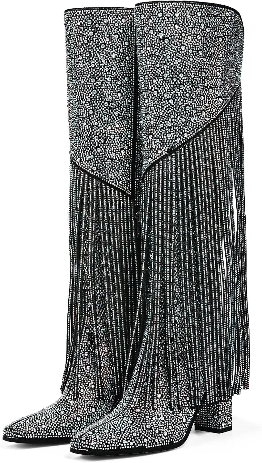 Ouepiano Women's Fringe Rhinestone Cowboy Boots Western Cowgirl Pointed Toe Block High Heel Zipper Knee High Boots for Girl,Party,Dating