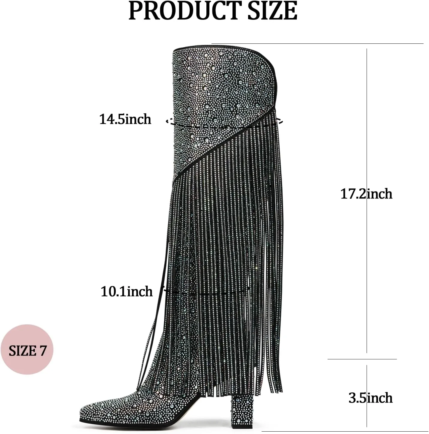 Ouepiano Women's Fringe Rhinestone Cowboy Boots Western Cowgirl Pointed Toe Block High Heel Zipper Knee High Boots for Girl,Party,Dating
