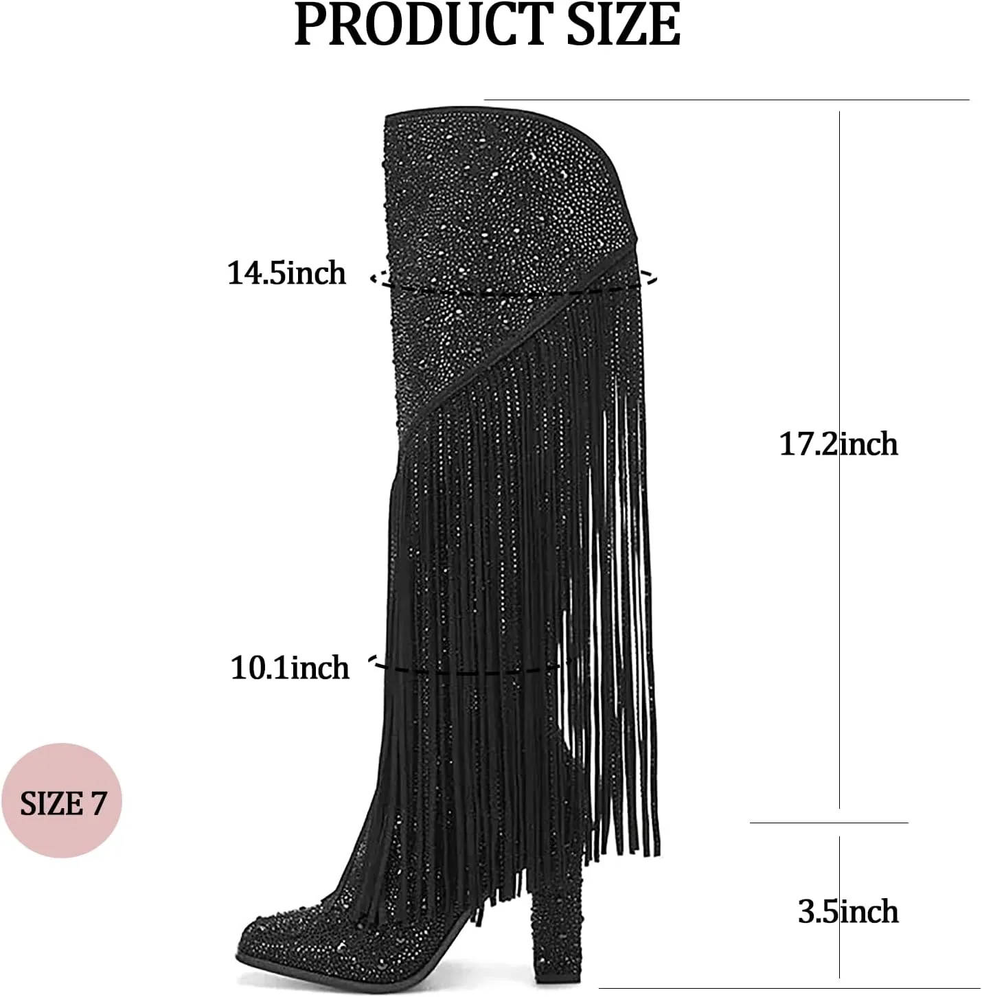 Ouepiano Women's Fringe Rhinestone Cowboy Boots Western Cowgirl Pointed Toe Block High Heel Zipper Knee High Boots for Girl,Party,Dating