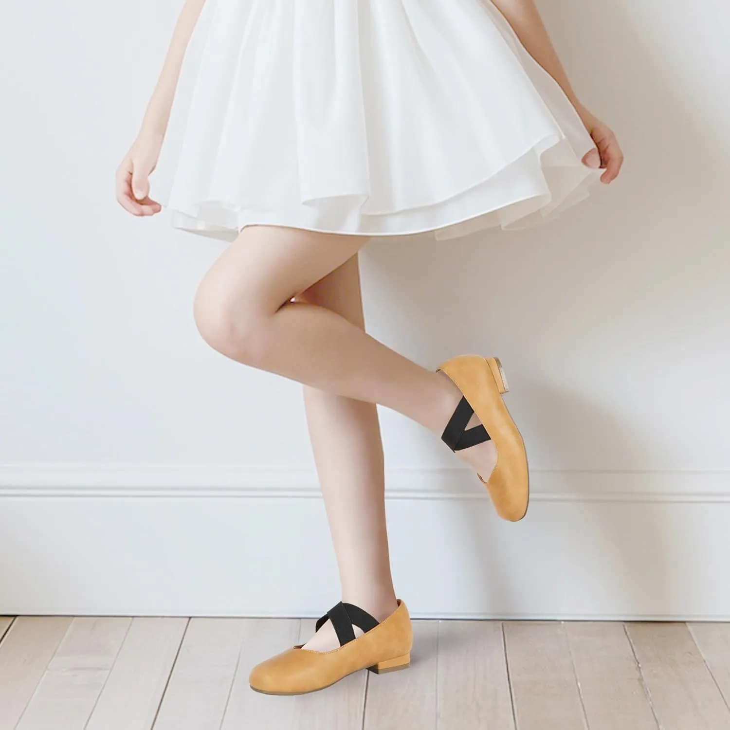 PANDANINJIA Girls Dress Shoes Ballet Flats Mary Jane Elastic Cross Strap Little Big Kid Low Heels Flower Girl Shoes