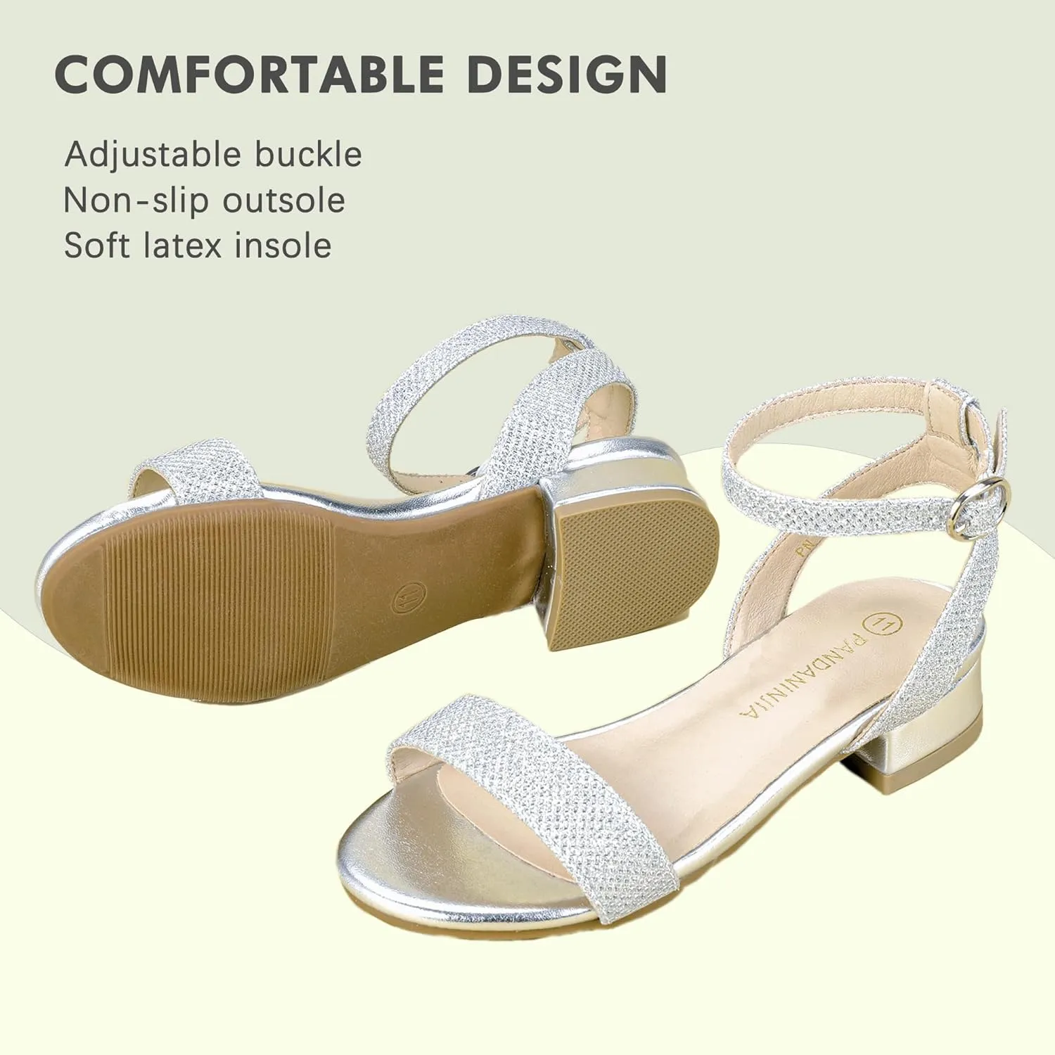 PANDANINJIA Girls Sandals Low Heels Dress Shoes Open Toe Flower Girl Wedding Party for Little Big Kid Dress Sandals