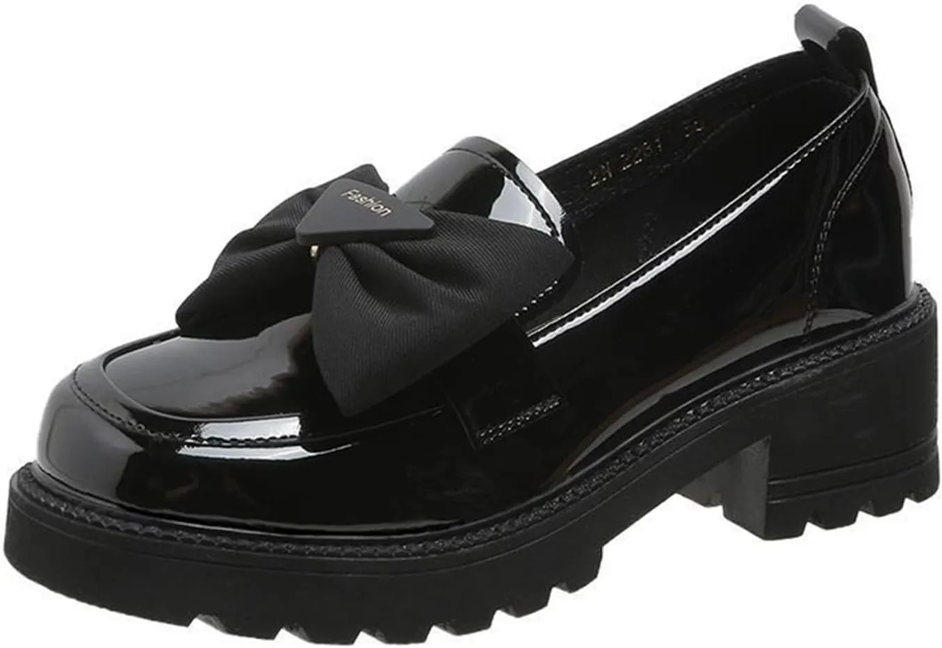 Patent Leather Loafers for Women Slip-On Platform Chunky Heel Bow Loafers Dress Oxfords Shoes Casual Business Work Shoes (Black,8.5)