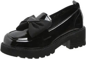 Patent Leather Loafers for Women Slip-On Platform Chunky Heel Bow Loafers Dress Oxfords Shoes Casual Business Work Shoes (Black,8.5)