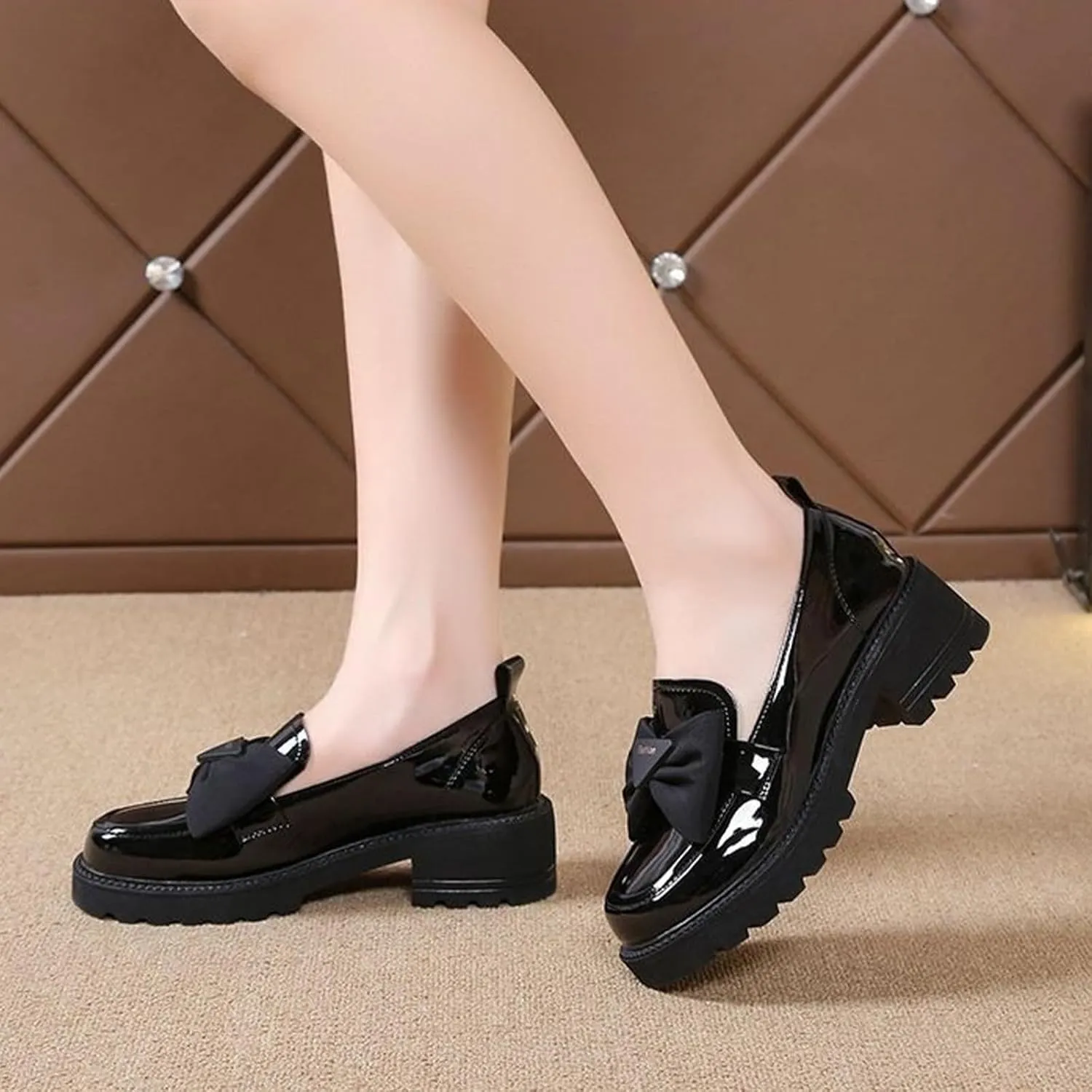 Patent Leather Loafers for Women Slip-On Platform Chunky Heel Bow Loafers Dress Oxfords Shoes Casual Business Work Shoes (Black,8.5)