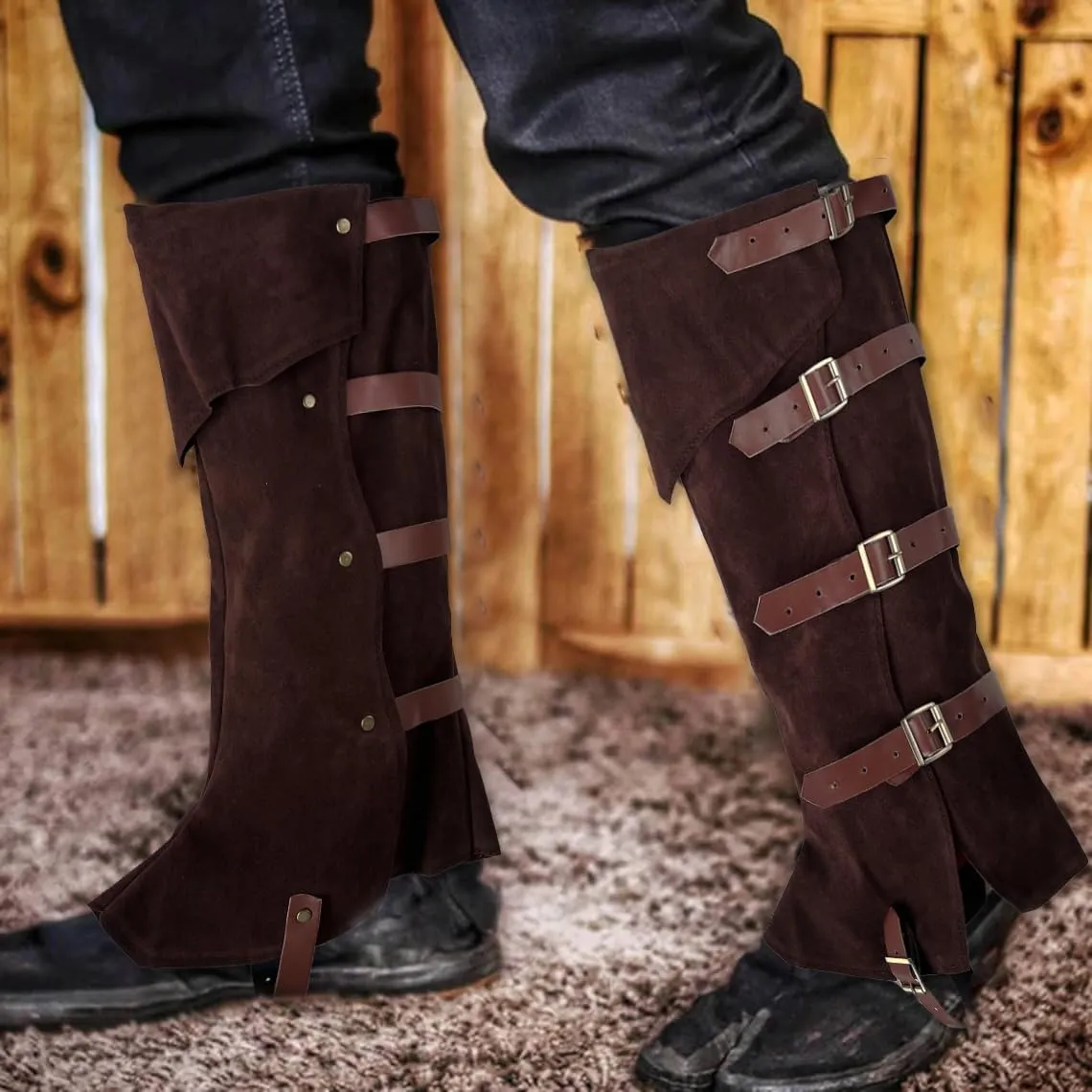 Pirate Leg Covers Medieval and Renaissance Faux Leather Costume Accessories Steampunk Footwear Cover for Boots Halloween Costume Black
