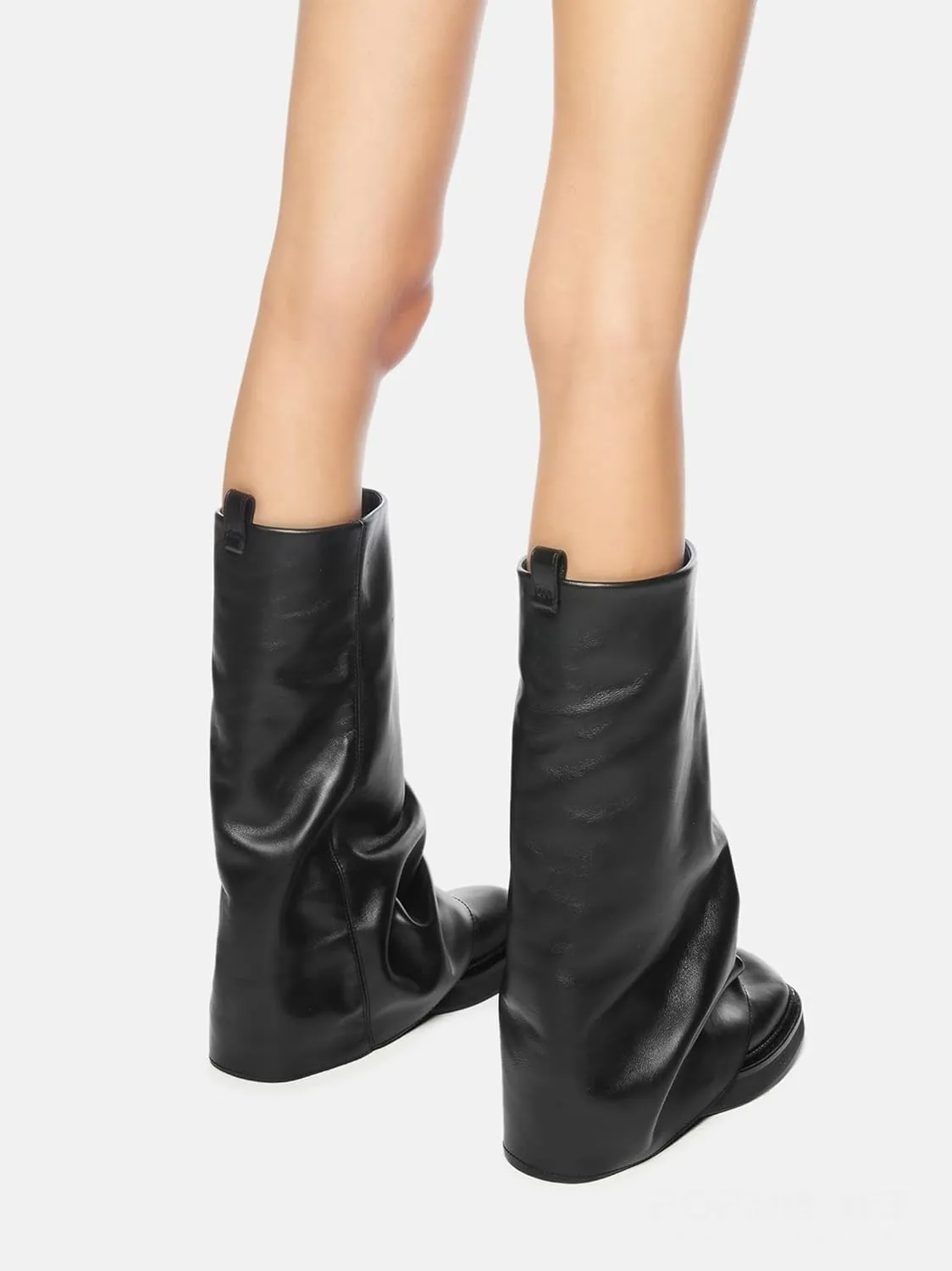 Platform Mid-Low Heel Calf Boots for Women - Round Toe Cowgirl Pull-On Chunky Booties for Wide Calf