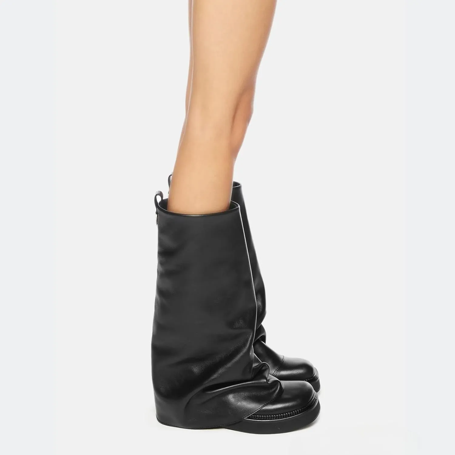 Platform Mid-Low Heel Calf Boots for Women - Round Toe Cowgirl Pull-On Chunky Booties for Wide Calf