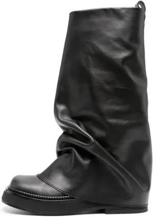 Platform Mid-Low Heel Calf Boots for Women - Round Toe Cowgirl Pull-On Chunky Booties for Wide Calf