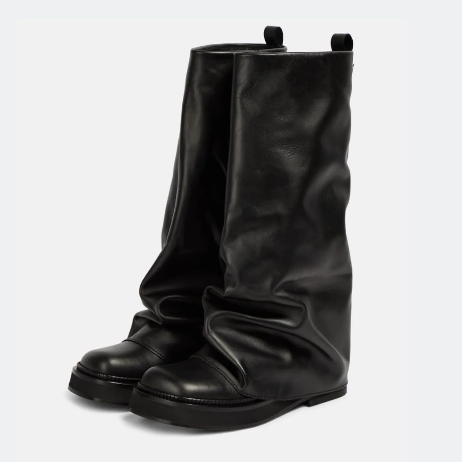 Platform Mid-Low Heel Calf Boots for Women - Round Toe Cowgirl Pull-On Chunky Booties for Wide Calf