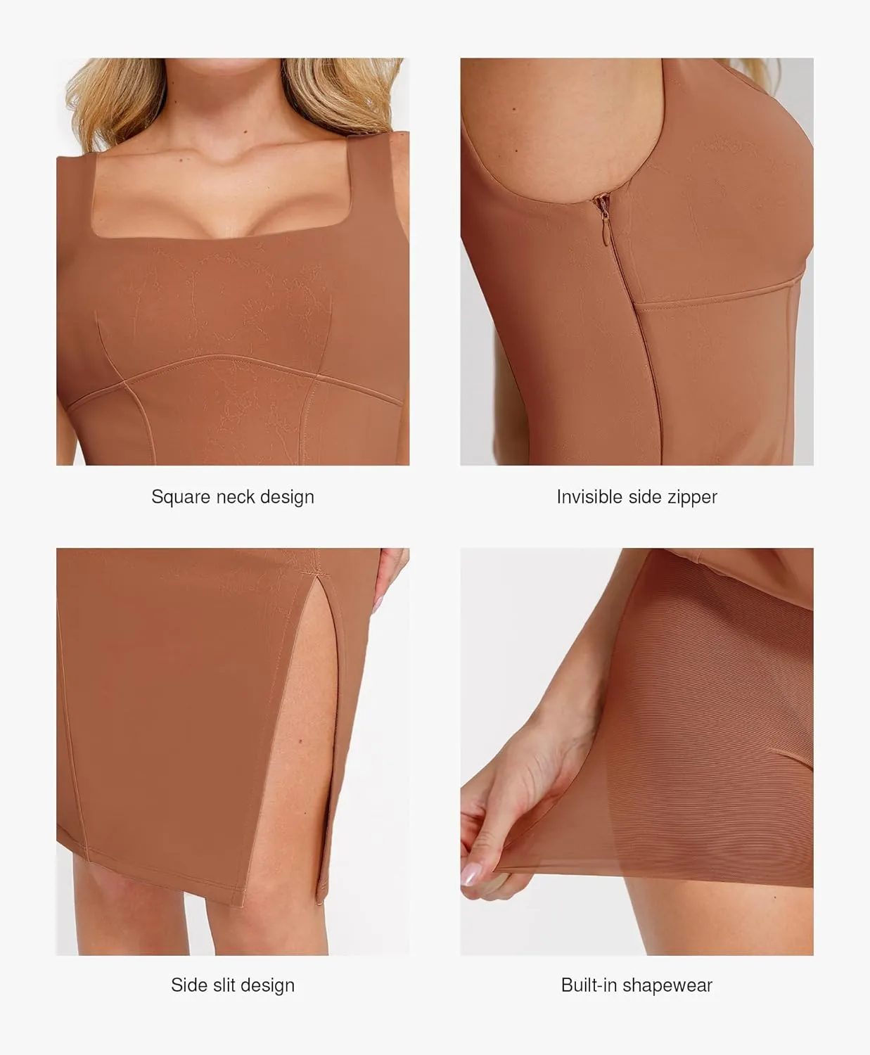 Popilush Leather Dress with Built in Shapewear Square Neck Slit Midi Dresses Faux Leather Concert Club Outfits for Women