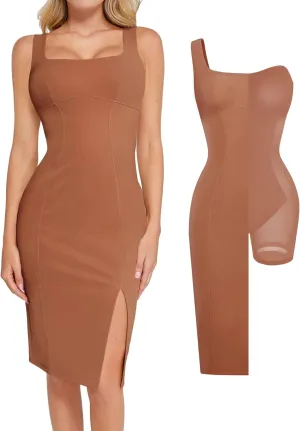 Popilush Leather Dress with Built in Shapewear Square Neck Slit Midi Dresses Faux Leather Concert Club Outfits for Women