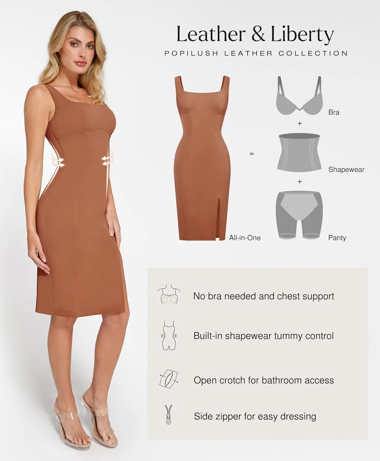 Popilush Leather Dress with Built in Shapewear Square Neck Slit Midi Dresses Faux Leather Concert Club Outfits for Women